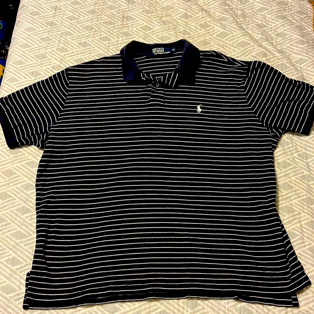 Dark navy S/S Polo Ralph Lauren XL shirt w/ white horizontal thin stripes. Used.